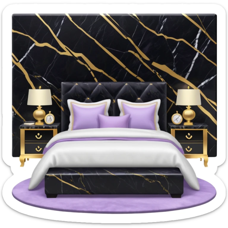 Luxurious black marble bed room with gold and white accents  with a lilac-colored pillow  sticker