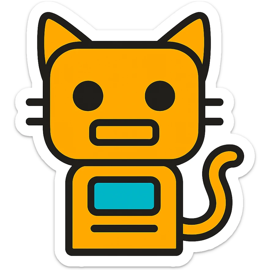 cartoon style emoji mashup of a cat and a robot, flat icon, white background, robot body with cat ears and tail sticker