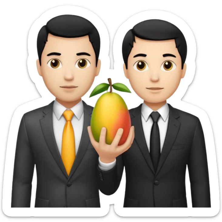 BLACK HAIR LIGHT SKIN MAN WITH A T-SHIRT WITH A MANGO ON IT, AND HIS BOSS LIGHT SKIN MAN BLONDE HAIR DANDOLE DINERO sticker