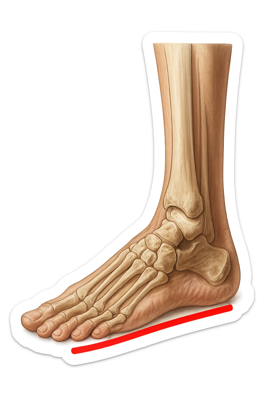 spazio dall'avampiede al tallone umano sottolineato in rosso, fai l'arto umano anatomico realistico con evidenza su quel tratto sticker