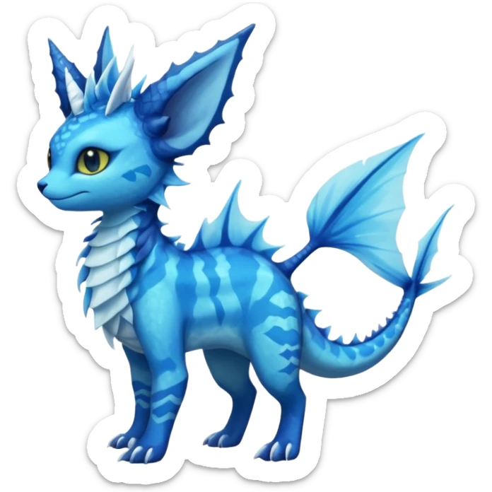 Feral Rare Fantasy vibrant tropical cobalt-blue and cyan Vernid-Trico-Vaporeon-Amaura-species-creature by LiLaiRa, random markings, tufted tail, tufted ears, full body sticker