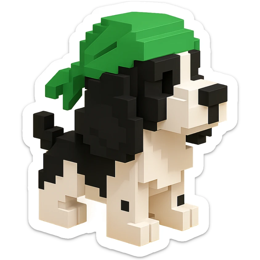 A black and white Russian Cocker Spaniel puppy wearing a green durag, facing left sticker