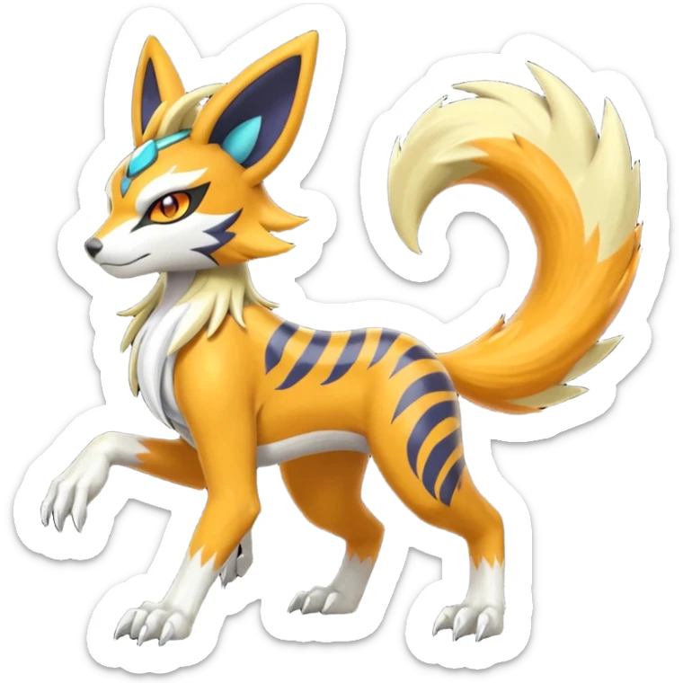 Tribal Exotic Meloetta-Zeraora-Lombax-Renamon-Protogen-Palkia-hybrid-fusion-Fakémon-creature, full body sticker