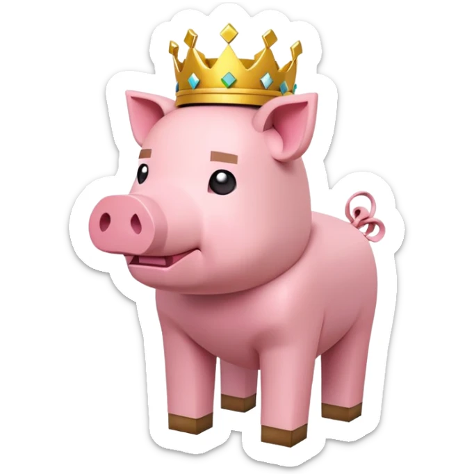 minecraft pig full body pink blocky animal with square head wearing a crown sticker