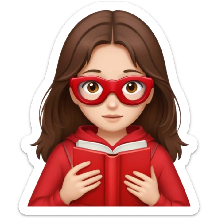 brunette girl with brown hair wearing red clothes covering her face with book sticker
