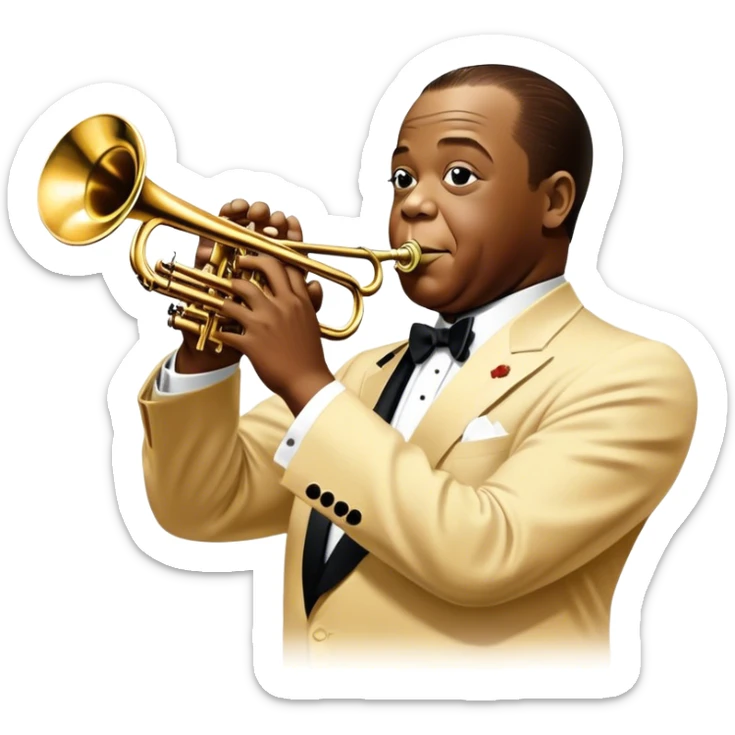 Icon for Jazz Music: collage of Louis Armstrong with his trumpet and Glenn Miller with his orchestra. Silhouettes of musicians, brass instruments, and musical notes. The design should convey the classic, smooth vibe of jazz. Transparent background. sticker