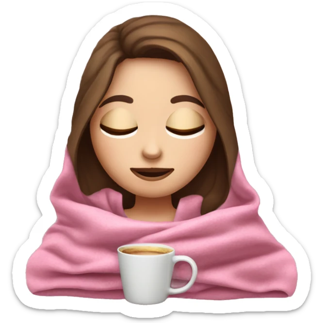 white girl with brunet hair inside a pink blanket sipping coffee eyes closed sticker
