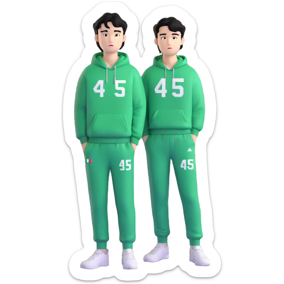 Draw Seong Gi-hun (Player 456), Korean male, messy black hair, green tracksuit with white number 456 printed on chest. sticker