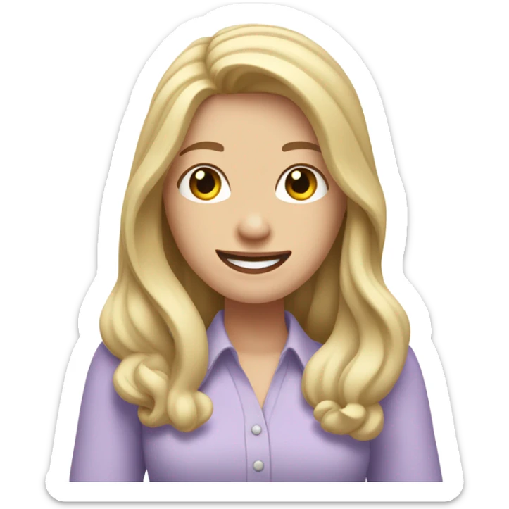 Woman, white skin, pale skin, long hair, blonde hair, wavy hair, lavender shirt, two thumbs up sticker