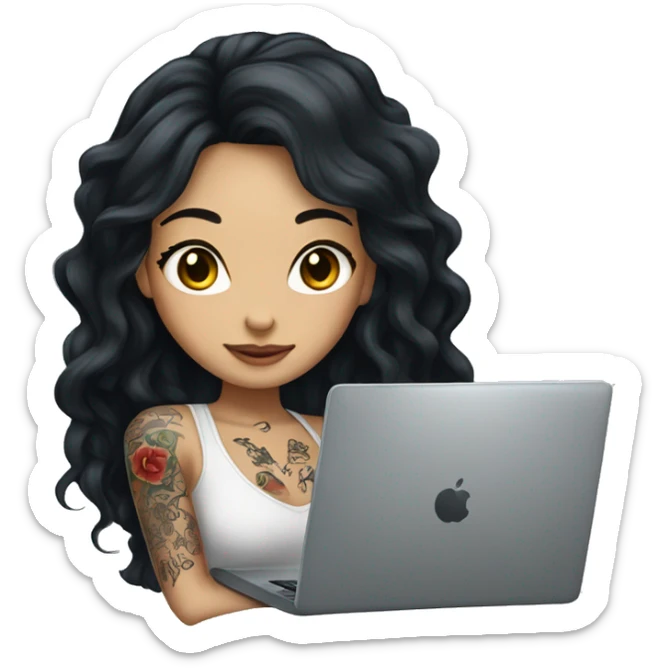 beautiful girl, with tattoos, with long black hair, wavy hair, chinese, with laptop sticker