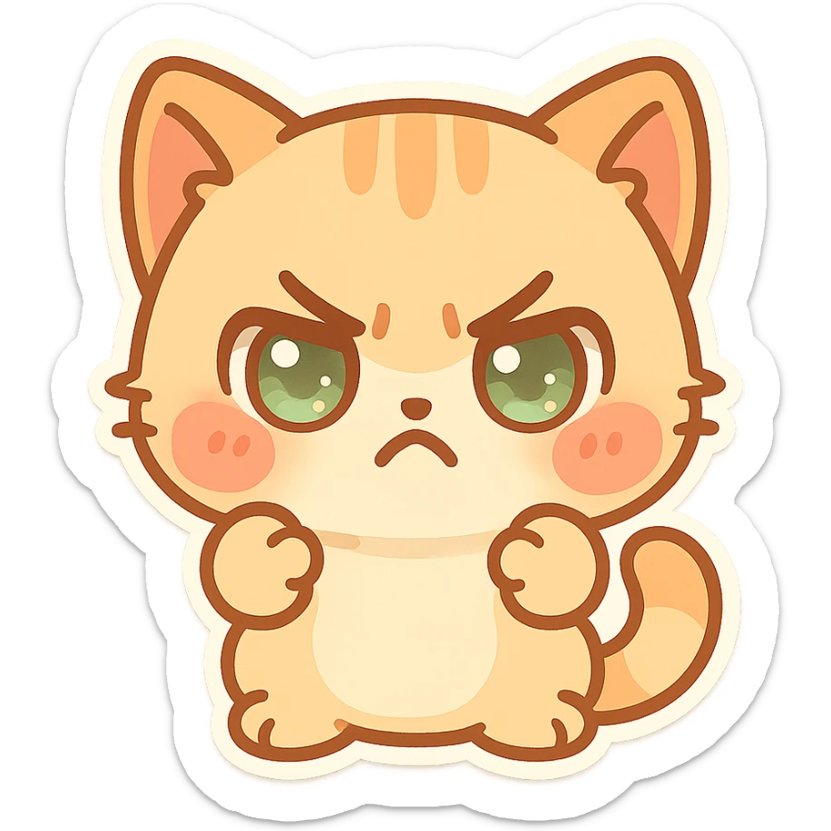 kawaii chibi-style cat emoji with pastel orange and brown cream fur, anime-style angry expression, sparkly green eyes, blushing cheeks, pastel color palette, soft rounded design, vector art sticker