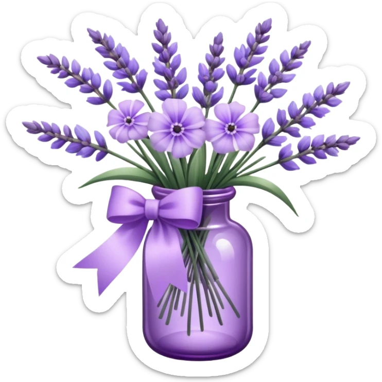 aesthetic bow in light purple , purple glass bottle and in it a beautiful bouquet of lavender sticker