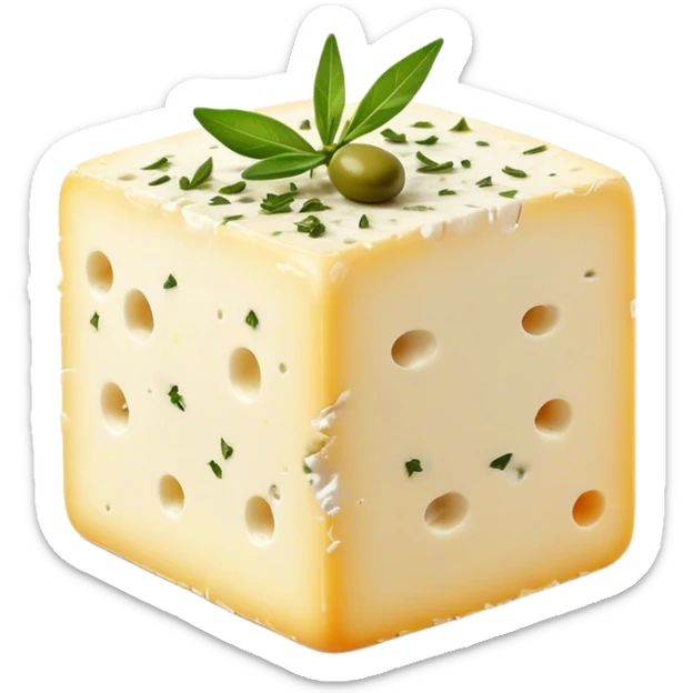 Cinematic Realistic Feta Cheese Dish Emoji, depicted as a block of crumbly, tangy cheese garnished with olive oil and herbs rendered with lifelike detail and soft natural lighting. sticker