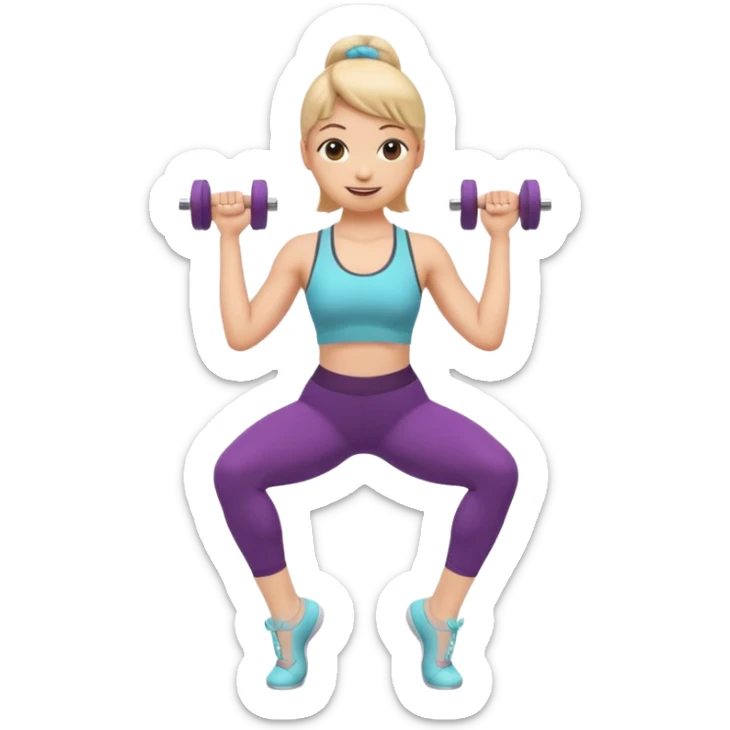 A cute 3D emoji of a fitness woman doing a plié squat at a ballet barre, holding a small dumbbell. She is sweating but smiling. Wearing leggings and a tank top. Soft pastel background, Apple emoji style. sticker