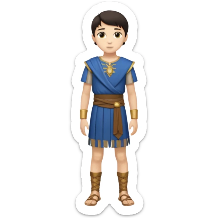 Niño: niño entre ⅞ años y 10/14 años, delgado, blanco de piel, moreno, ojos ni muy claros ni muy oscuros, bueno y simpático. cuerpo entero, época púnica sticker