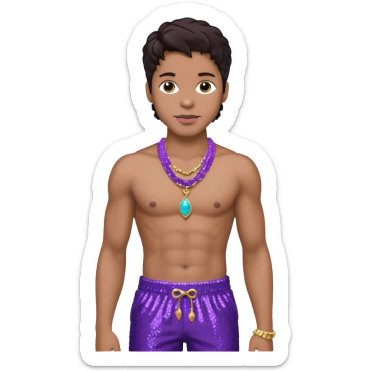 Prince Rogers Nelson with dark brown hair, purple sequin baggy pants, shirtless with necklace sticker