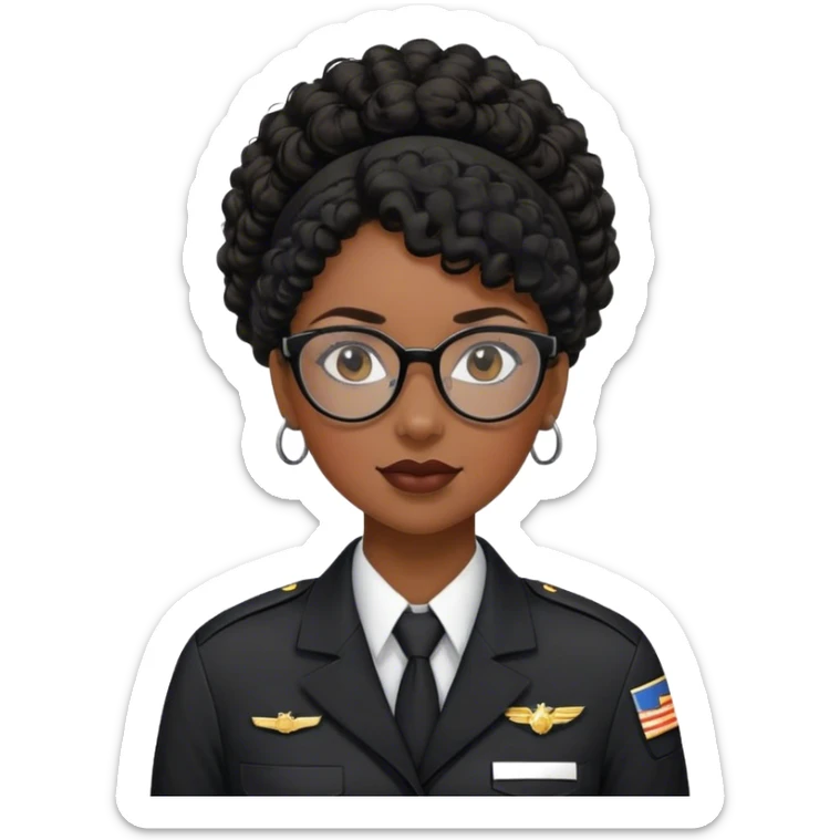 femme pilote d'avion en uniforme noir aux cheveux bouclés noir et petites lunettes arrondis identique avec des cheveux très long et la peau noir mais légèrement plus claire avec les cheveux attachés. 1 seule personne, cheveux moins épais  sticker