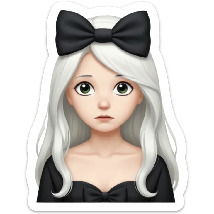 white long hair girl with black bow on her hair wearing black gown with a sad face sticker