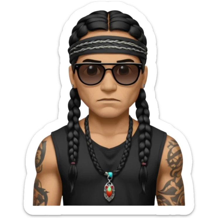 Native American/Spanish male. 
Untucked loose fitting black t-shirt. 
long black braided hair.
muscular.
Even More tattoos. 
Tough and menacing.
Dark black square sunglasses. sticker