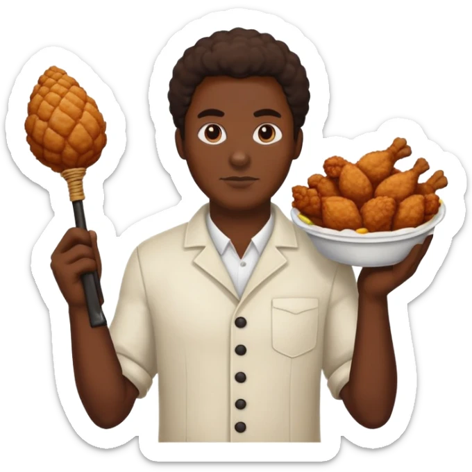 Black emoji in one hand whip and in the other hand he has fried chicken sticker