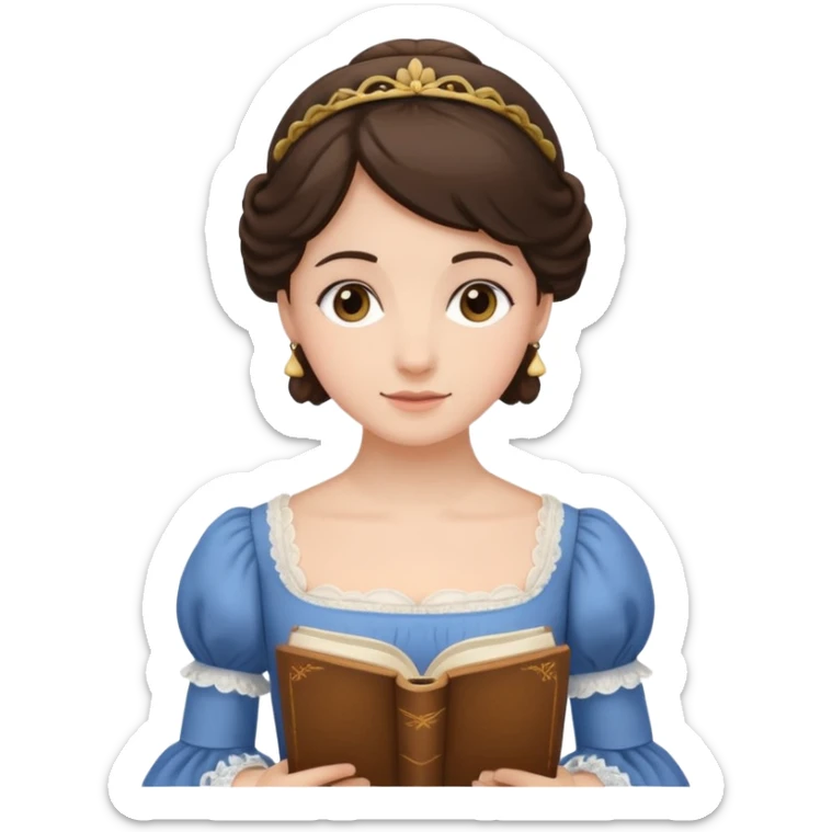 Jane Austen inspired brunette character reading a book wearing a Regency dress, emoji style sticker