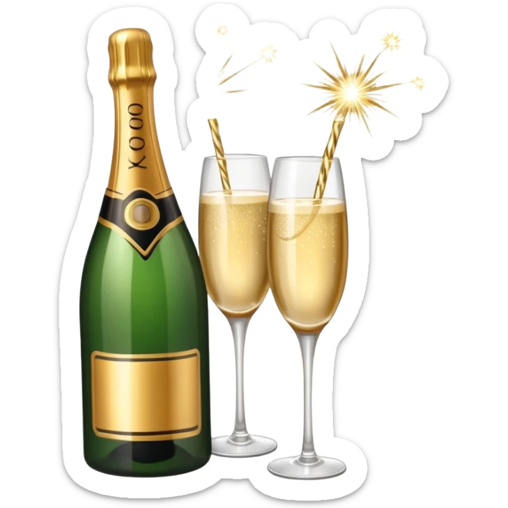 champagne bottle and champagne glasses and champagne sparklers on the bottle sticker