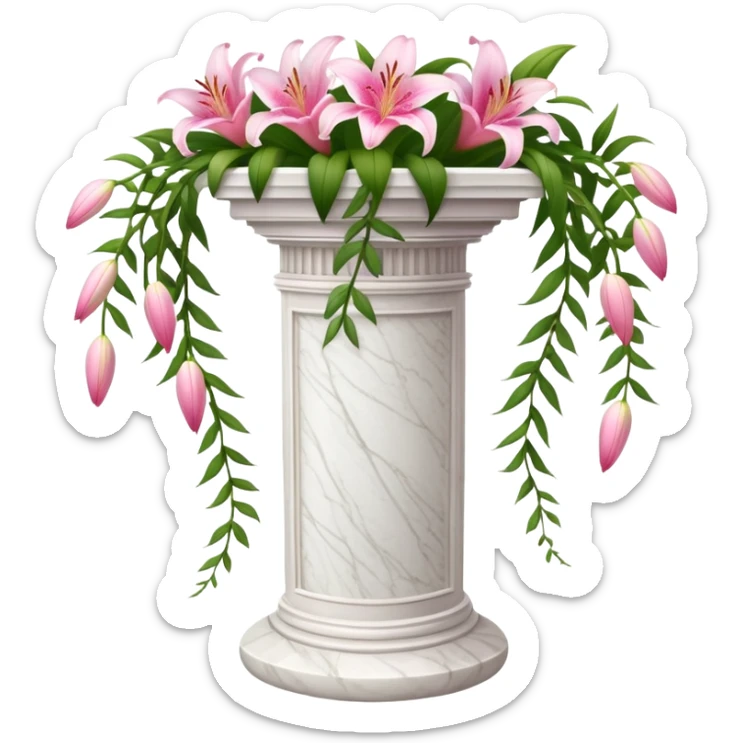 White tall marble pedestal with vines growing on it and pink lilies, beautiful romantic scenery  sticker