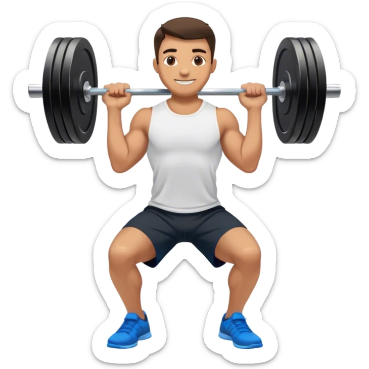 smiling man black shorts black t shirt blue shoes barbell squats sticker