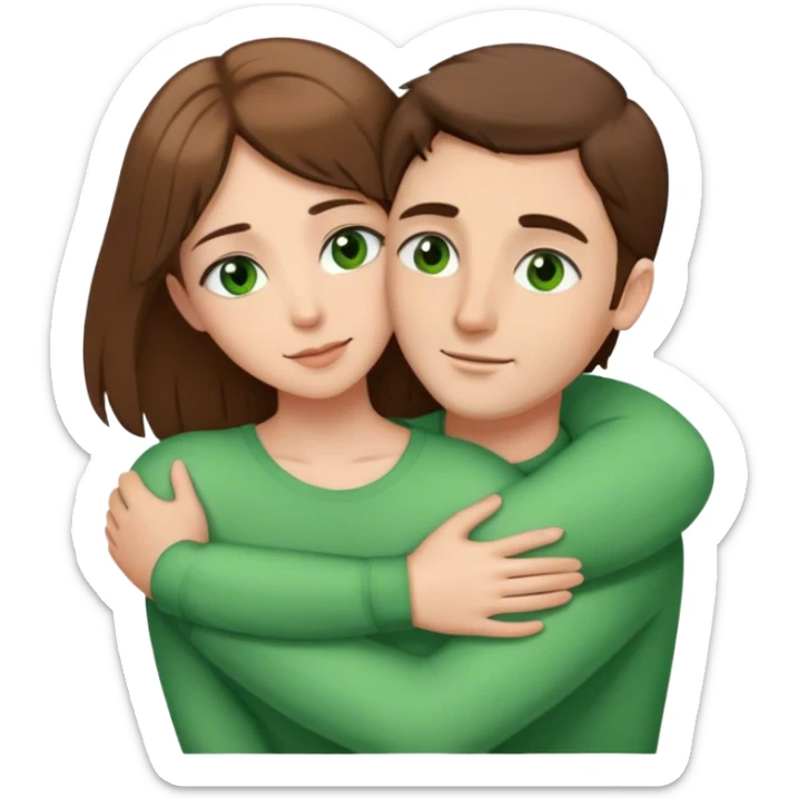 white couple with brown hair, man has short hair and brown eyes. woman has long hair and green eyes .they’re hugging each other . man has brown eyes sticker