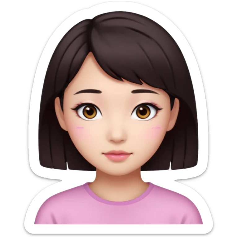asian girl with short dark brown hair and dark brown eyes with a soft girl pink glowup aesthetic sticker