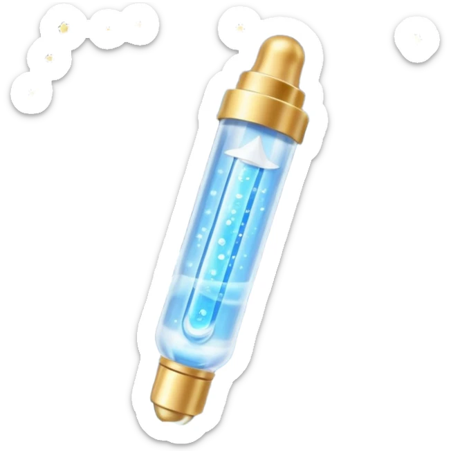 Slim blue Differin Gel tube with white cap and golden glow around the “GEL” label. Floating in a soft blue aura with tiny glowing stars and clear orbs spiraling upward. Emits a focused beam of clarity magic, like a blemish-banishing spell sealed in a sleek, futuristic wand. sticker