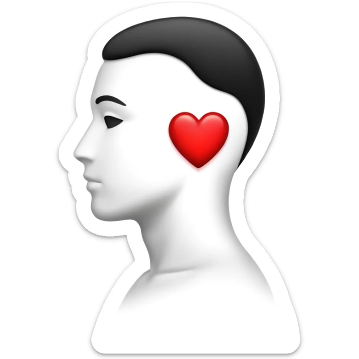 “Minimalist  b&w black-and-white male silhouette with flowing curves, overlaid with a small glowing red heart above the head — symbolizing attraction, inspiration, and transformation through the qualities admired in others.” sticker