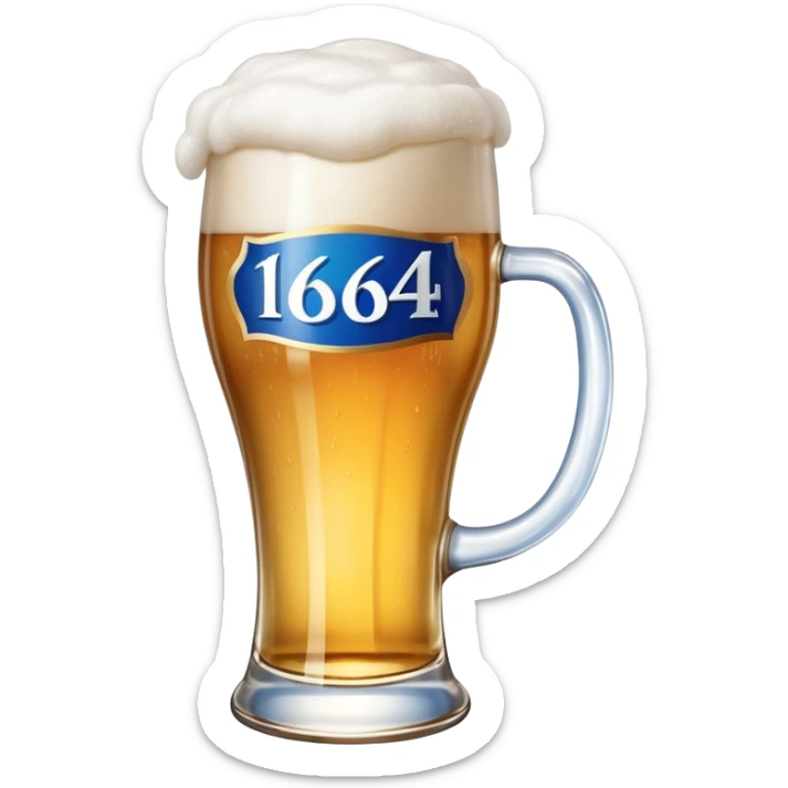 glass of 1664 Blanc beer with blue and white label, frothy head, golden color sticker