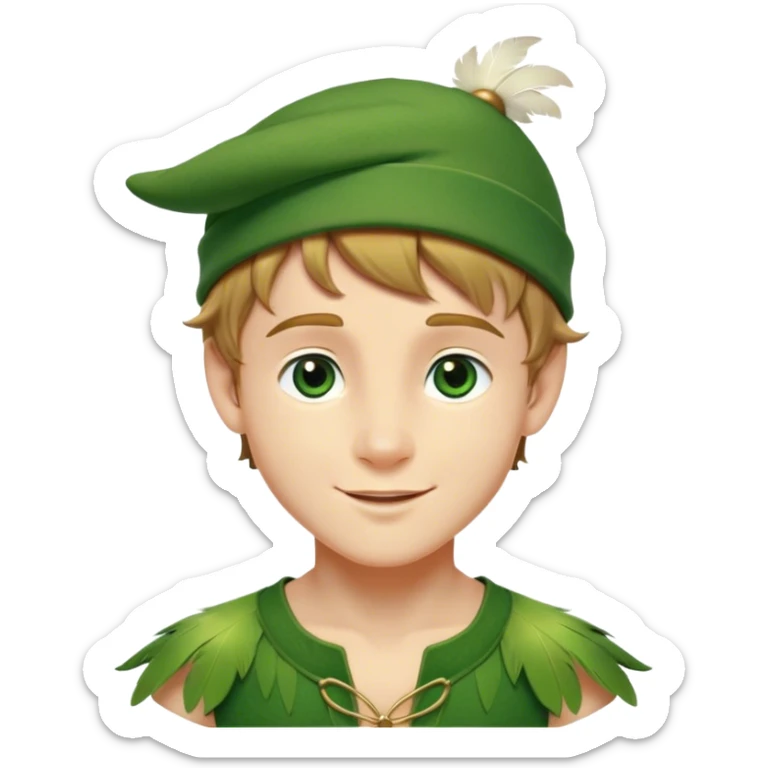 Cinematic Realistic Peter Pan Portrait, depicted with lifelike, youthful skin touched by a gentle sun-kissed glow. His bright, expressive eyes and confident smile evoke a timeless sense of wonder. Dressed in his iconic green tunic and feathered cap, every detail is rendered with soft, natural lighting that highlights his blend of innocence and courageous spirit. sticker