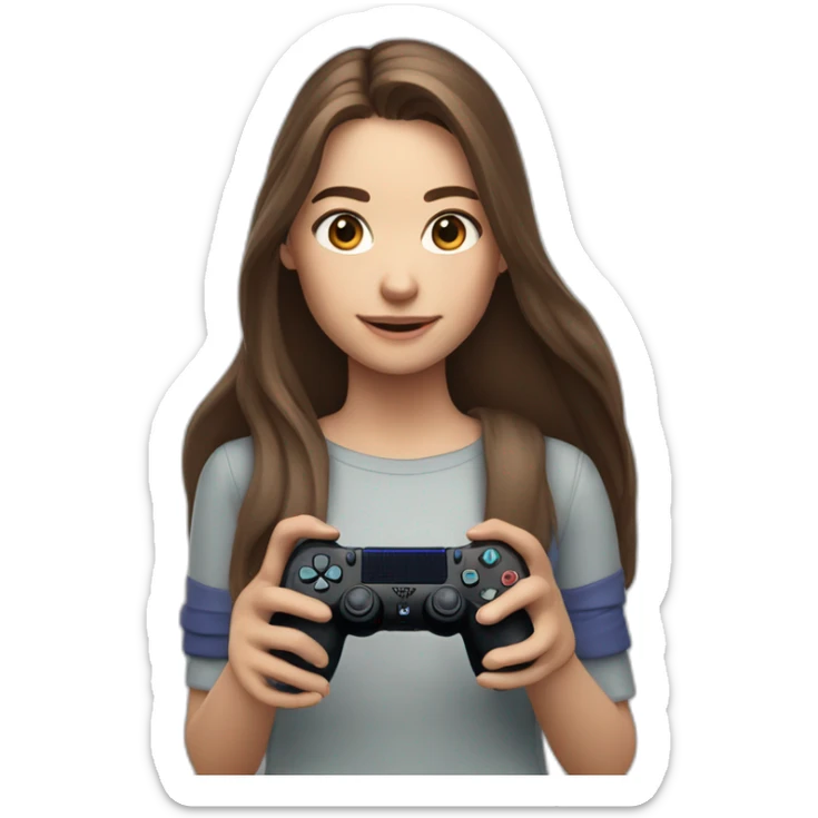 Caucasian Girl with long Brown hair holding a playstation 4 controller as she was playing looking at a screen sticker