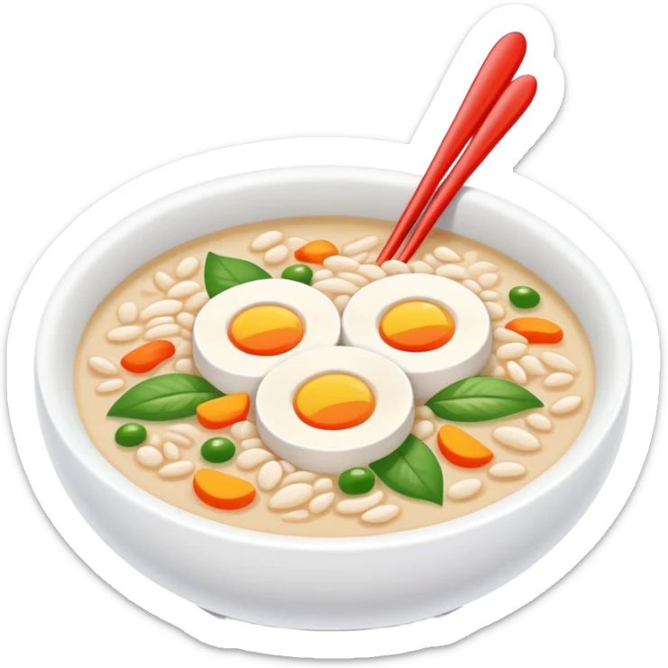 Laba Festival congee with colorful ingredients and garnishes, simplified emoji style with bold outlines and bright colors, cartoon style traditional Buddhist ceremonial porridge sticker