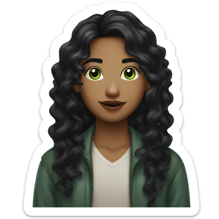 long curly black hair,eyes with a hint of green, eyes positive  canthal tilt ,medium thick shaped eyebrows , and medium thin lips, round face shape, soft jawline, full body, teen, sensual, american sticker
