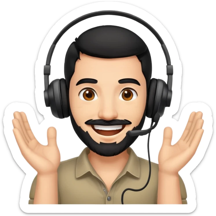 Very happy excited grinning man with black hair, brown eyes, black beard wearing a gaming headset sticker