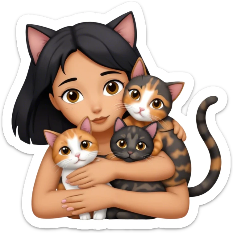 girl with black hair hugging three cats  (tortie cat, full gray cat, brown calico cat) sticker