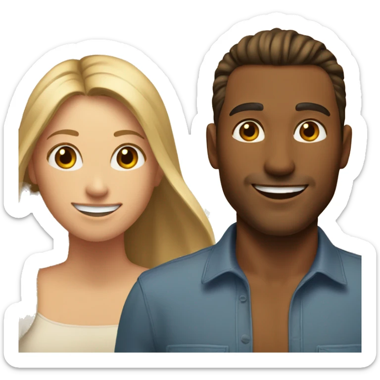 Woman and man smiling, woman has straight Brown hair in a ponytail, slightly sunkissed skin, man has blonde long hair which are in a ponytail, slightly sunkissed skin sticker