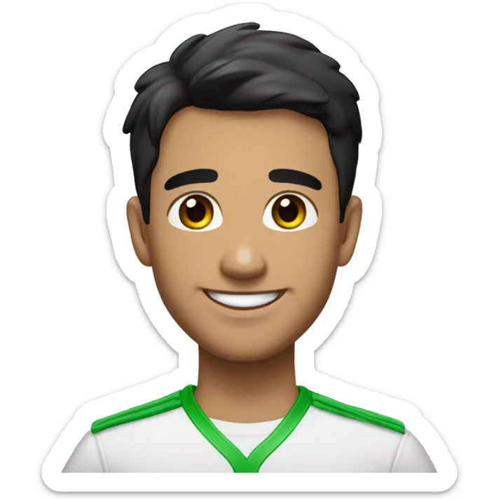 a young man with short dark hair and facial hair. black hair and brown eyes, looking at his left side. He is smiling and wearing a white shirt with a green lanyard or badge. There is a dark background behind him  sticker