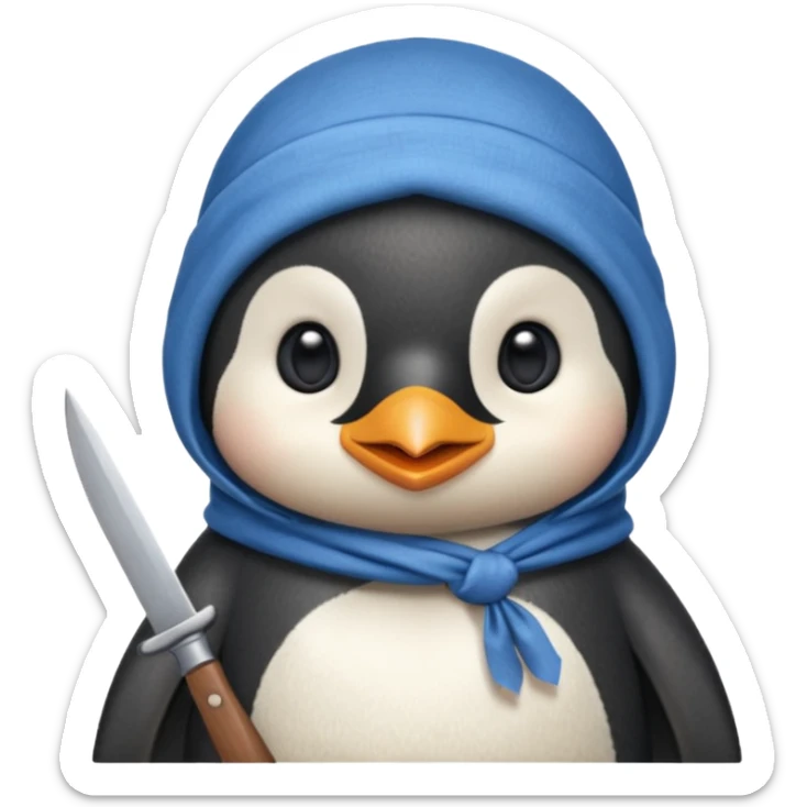 Cute and little penguin wearing a blue cloth in his head and holding a  knife  sticker