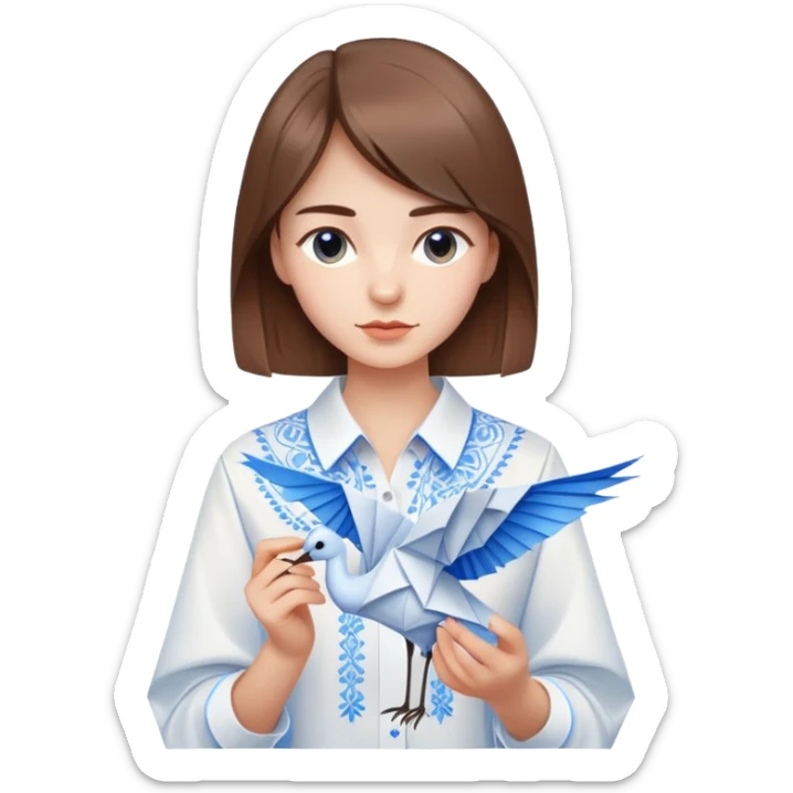 A Ukrainian young girl with brown hair wearing a white embroidered shirt holds an origami blue crane sticker