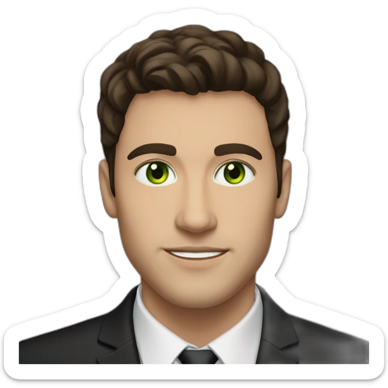A 25-year-old man with green eyes In a black classic suit and dark brown hair, Oval, triangular face shape sticker