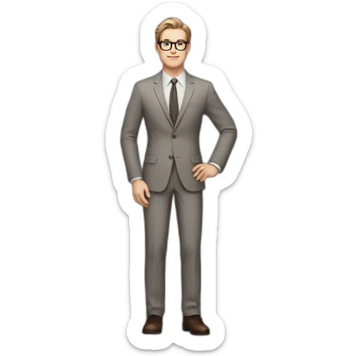 Full height Pale skinned Fit Man With dark brown hair in classic gray suit, beige office shirt, dark gray tie, and vintage glasses. His right hand stretched out sticker