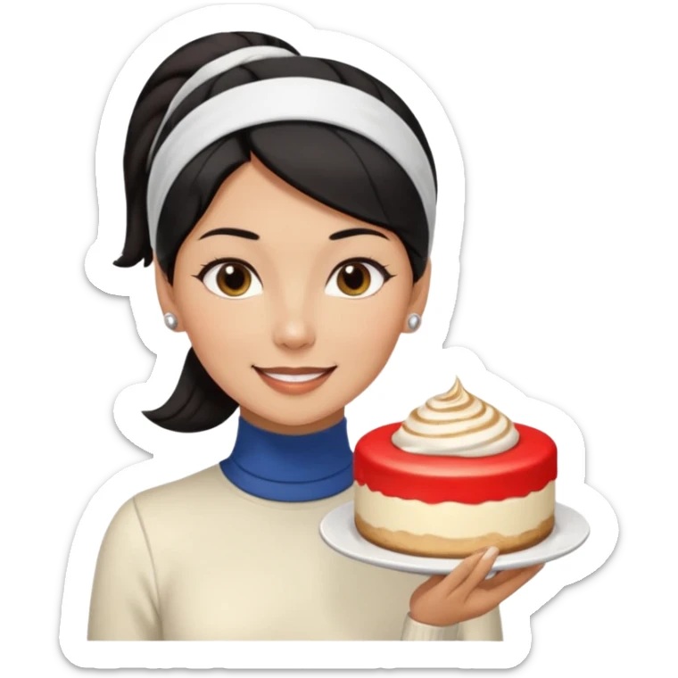  tan skin woman with long face, and short black hair slicked back ponytail with forehead showing, white headband, wearing white turtleneck shirt, eating tiramisu smiling with middle parted hair sticker