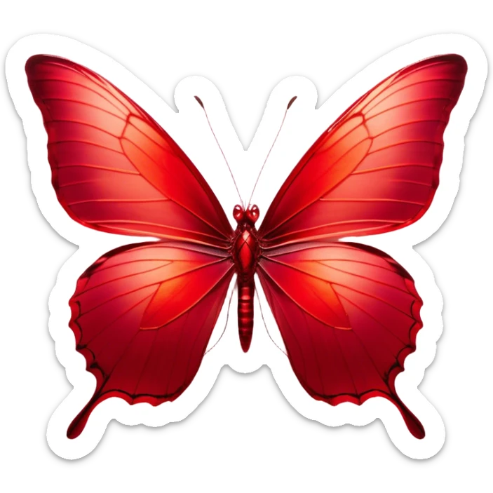 Cinematic Realistic Noble Red Butterfly Portrait Emoji, Poised and elegant, with delicate, translucent wings rendered in rich ruby and scarlet hues, a slender, graceful body with intricately detailed textures, and soft, reflective eyes, illuminated by natural light, high shine, intelligent and regal, styled with an air of refined natural splendor, focused and attentive, soft glowing outline, capturing the essence of a watchful and confident red butterfly that appears to emerge majestically from the screen! sticker