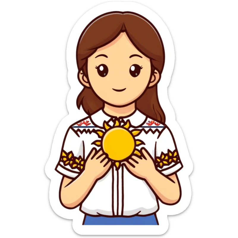 A young Ukrainian girl with brown hair wearing a traditional white embroidered shirt carefully holds a bright sun in her hands sticker