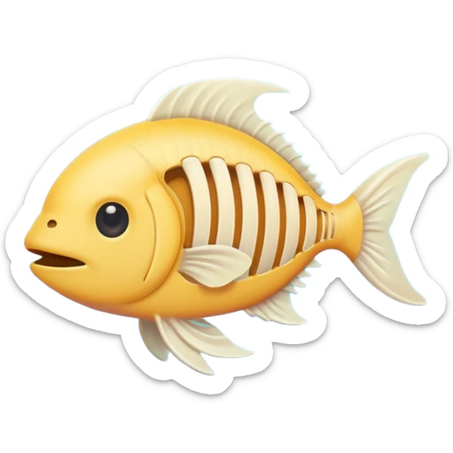 A simple emoji-style fishbone — cartoon look, clean outline, pastel colors, with a rounded fish head, hollow eye, and clear rib bones leading to a tail. Minimal, cute, and high contrast without any cat shown sticker