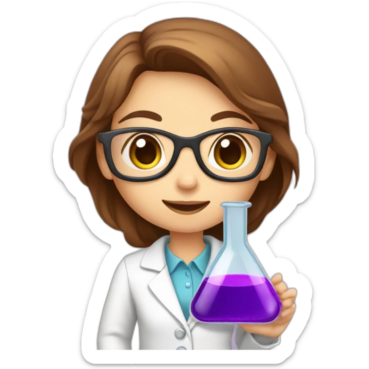 Cute Chemist Lab girl long brown hair chemistry analysis experiment holding purple flask sticker